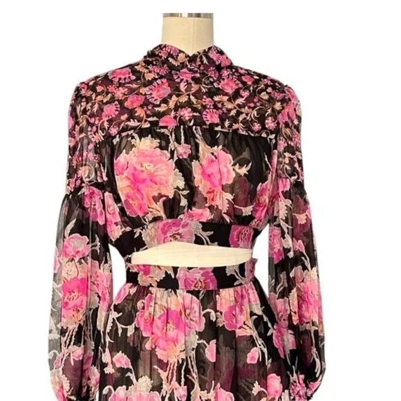 Misa Los Angeles Charlotta Long Sleeve Floral Black and Pink Maxi Dress| Size M - Picture 5 of 10